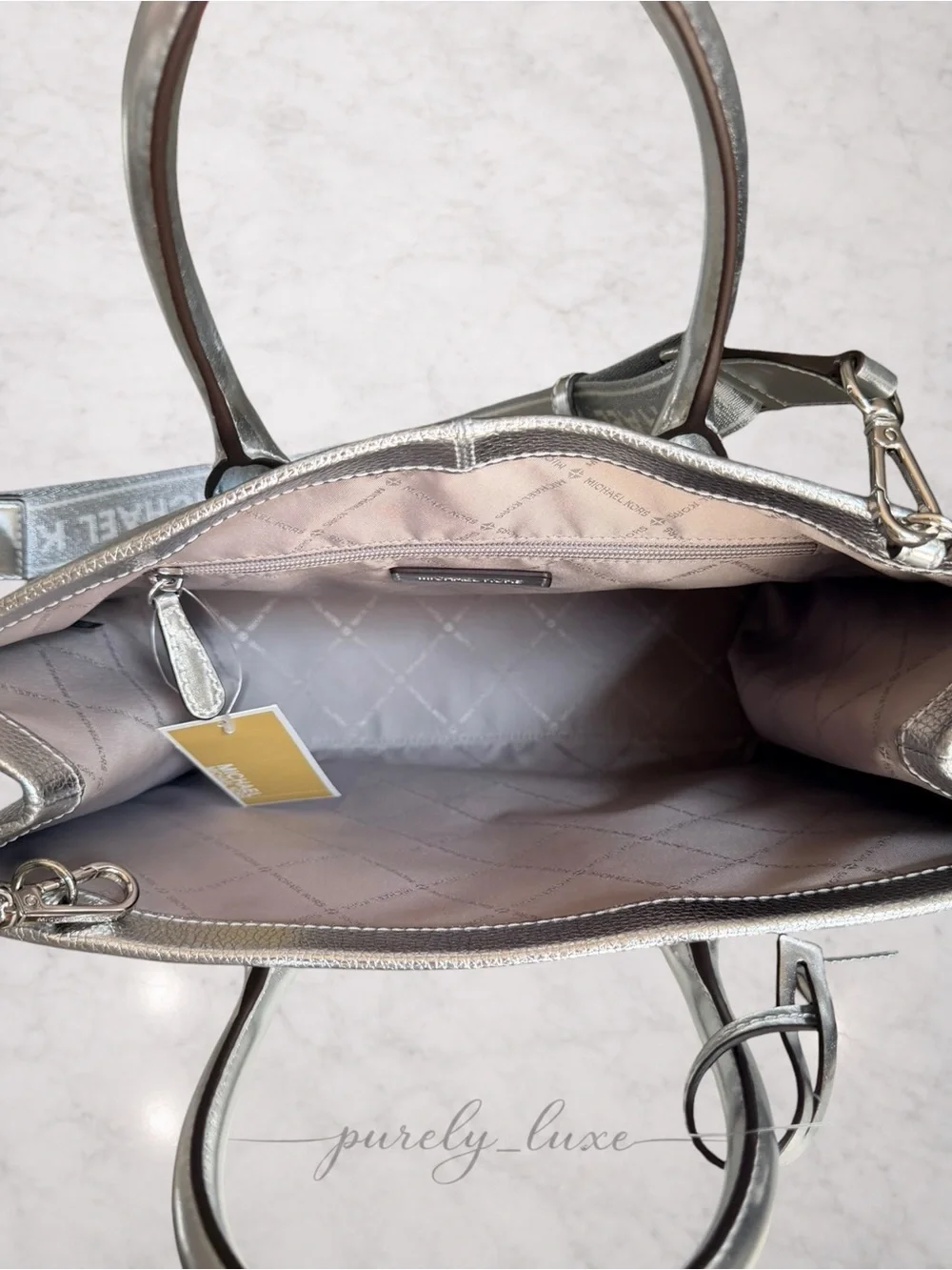 Michael Kors Scarlett Silver Metallic Pebbled Leather Tote with Logo Strap